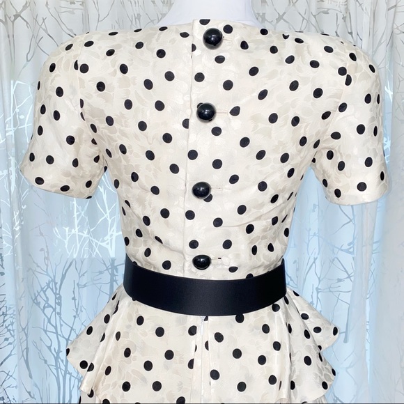 Vintage 1980’s SCAASI Boutique white black polka dot ruffle button up back dress - Picture 6 of 16
